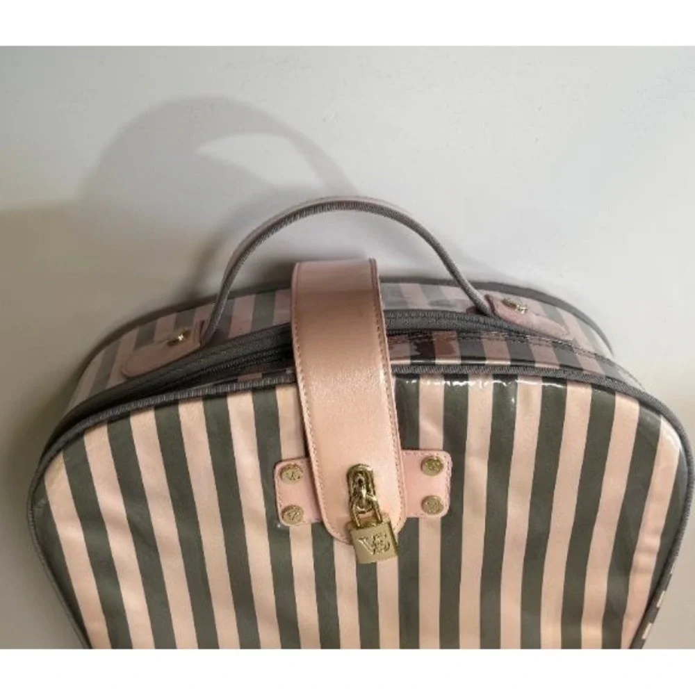 Victoria's Secret Pink Gray Striped Train Case Makeup Travel Bag Cosmetic Set